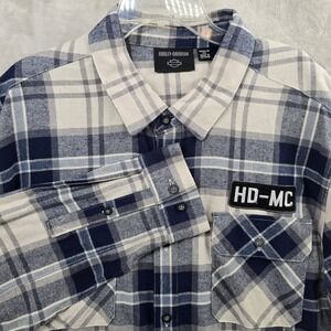 Harley-Davidson Size 2XL Blue White Plaid Flannel Button Up Shirt HD-MC Patch